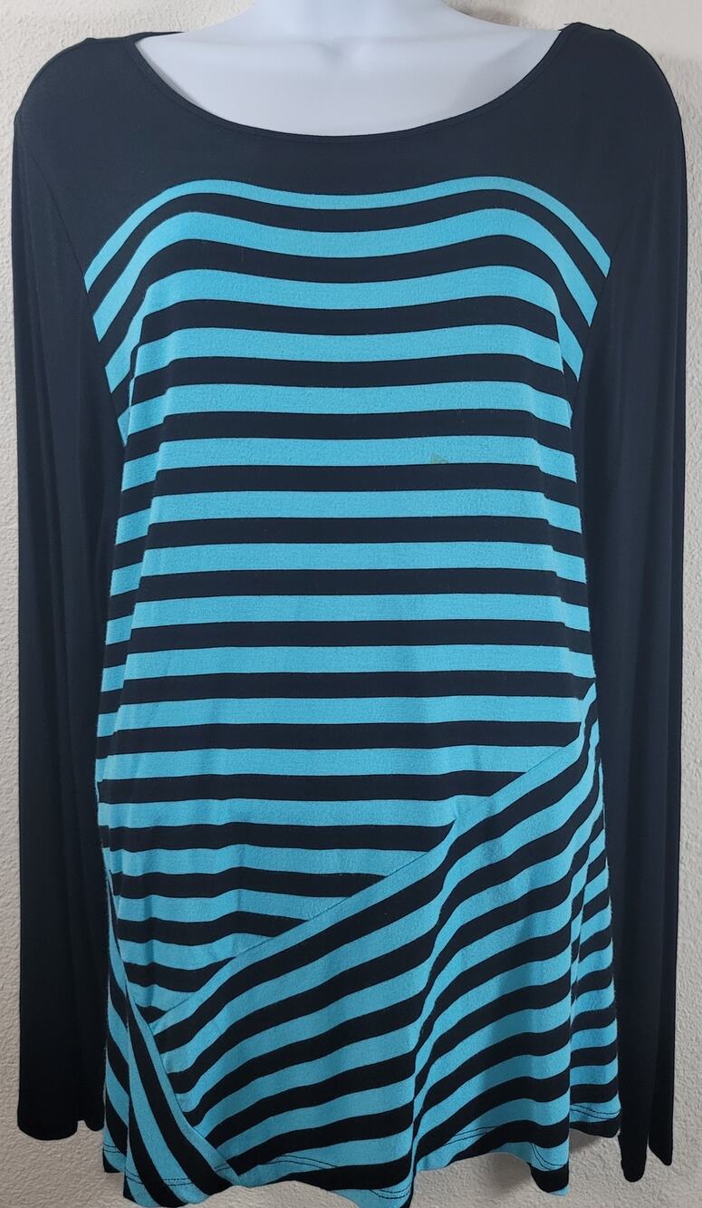 Dana Buchman Black Teal Striped Long Sleeve Top XL Lightweight Soft Stretchy